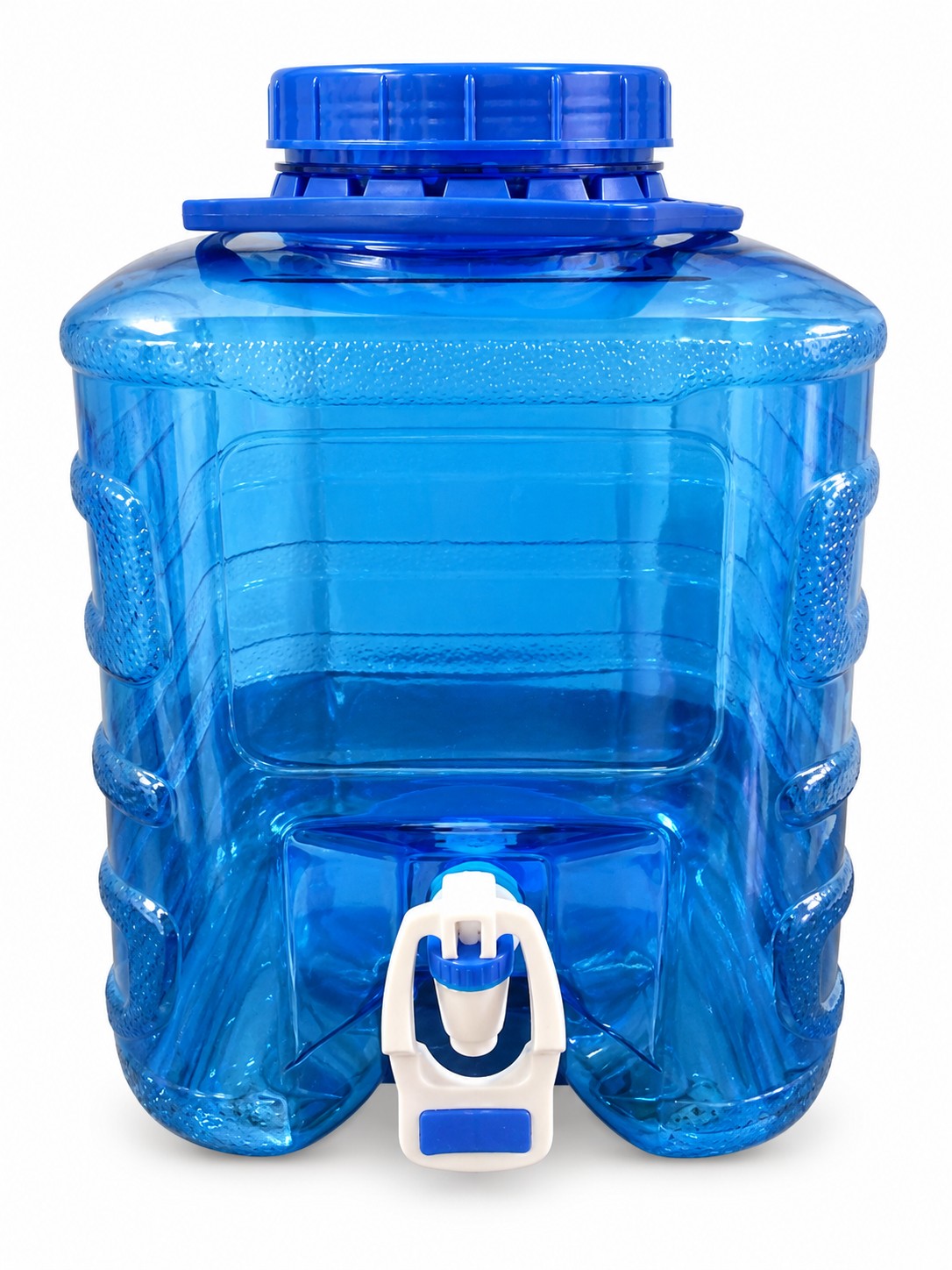Blue water and juice can with tap for hire